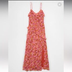 AE Asymmetrical Ruffle Maxi Slip Dress Pink/Orange